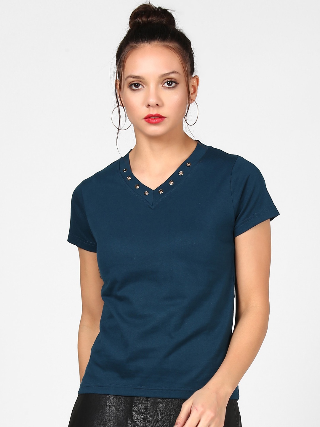 

The Dry State Women Navy Blue Pure Cotton Solid Stylized V-Neck T-shirt