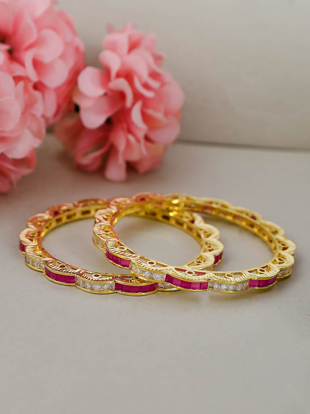 

Silvermerc Designs Set Of 2 Pink Gold-Plated American Diamond-Studded Bangles