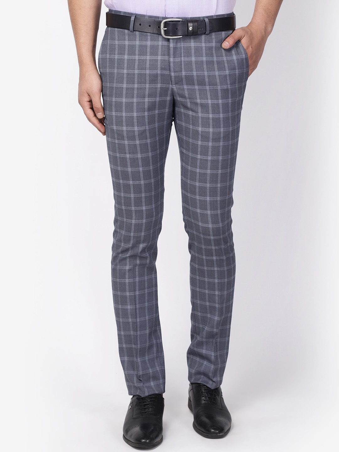

Blackberrys Men Blue & White B-95 Slim Fit Checked Formal Trousers