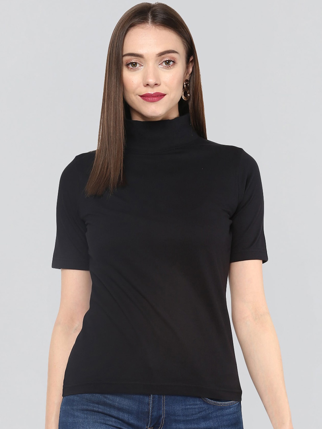 

The Dry State Women Black Pure Cotton Solid High Neck T-shirt