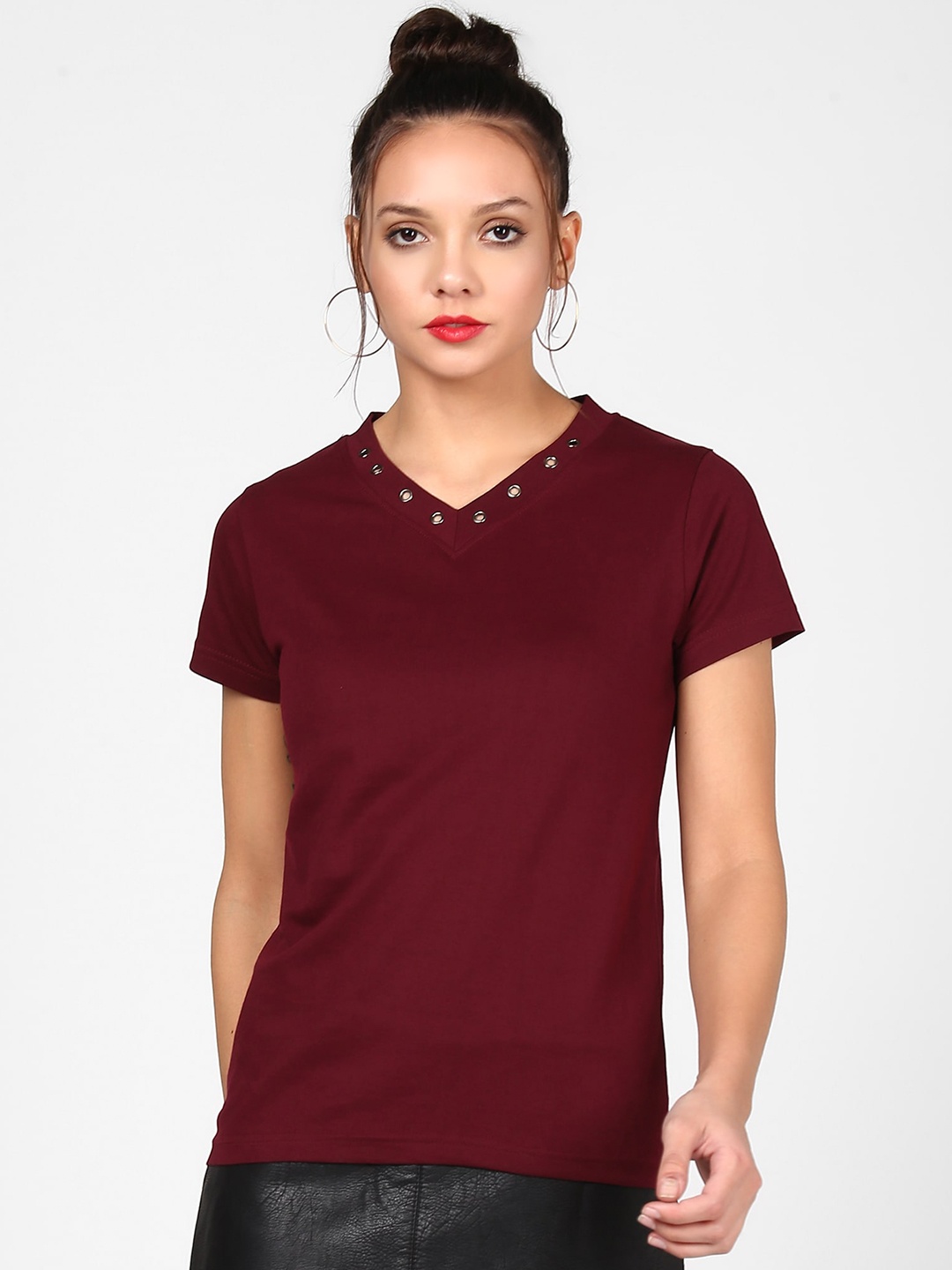 

The Dry State Women Maroon Pure Cotton Solid Stylized V-Neck T-shirt