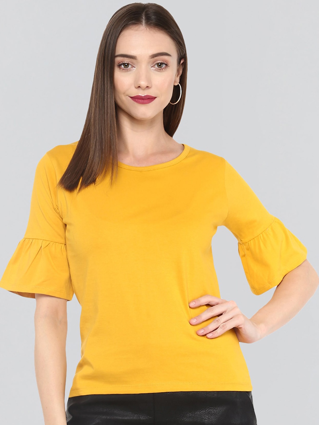 

The Dry State Women Mustard Yellow Pure Cotton Solid Round Neck Top