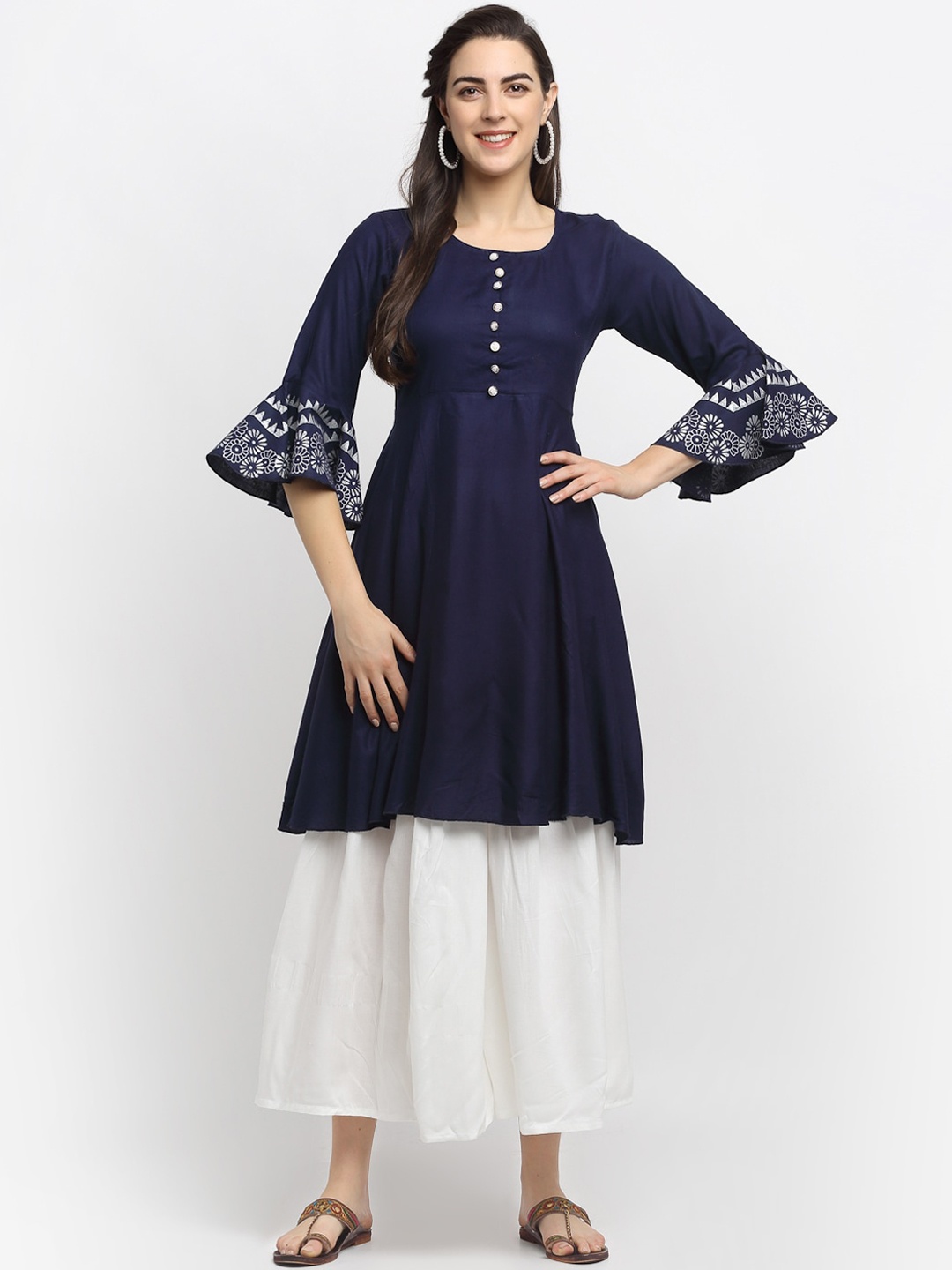 

Rudra Bazaar Women Blue Striped Empire A-Line Kurti with Palazzos