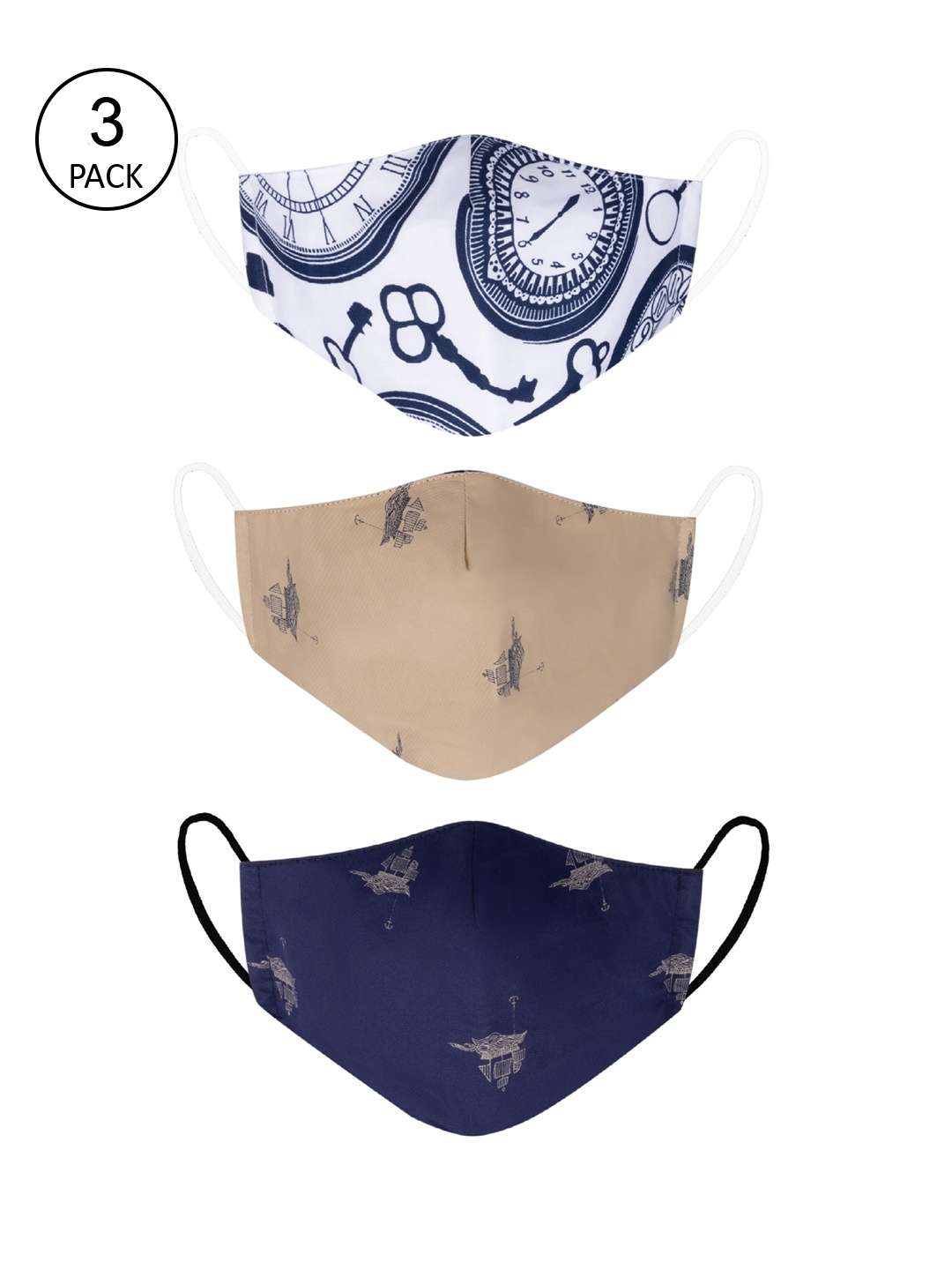 

VEA Unisex Pack Of 3 Printed 3-Ply Reusable Premium Cotton Protective Outdoor Face Masks, Blue