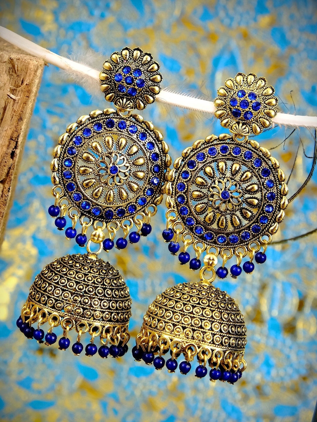 

Crunchy Fashion Blue & Gold-Toned Jhumkas