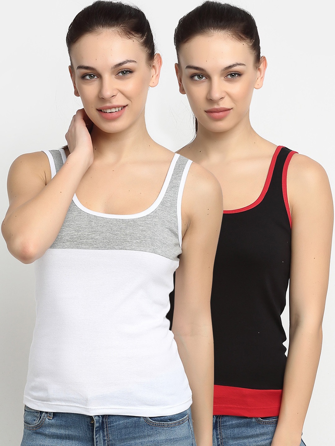 

Friskers Women Pack of 2 Black & White Pure Cotton Tank Top