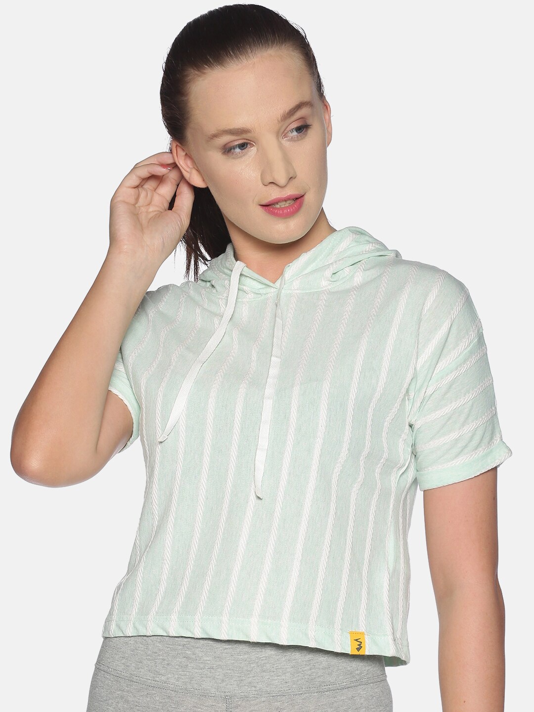 

Campus Sutra Sea Green & Off White Striped Regular Top
