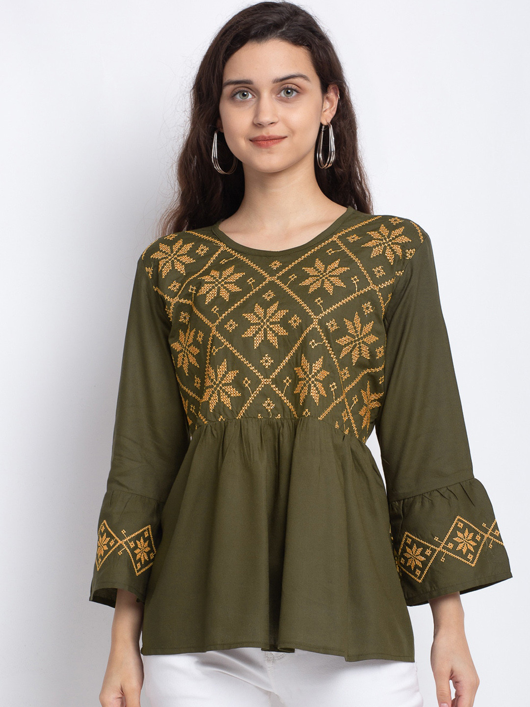 

Miaz Lifestyle Women Olive Green Embroidered A-Line Top