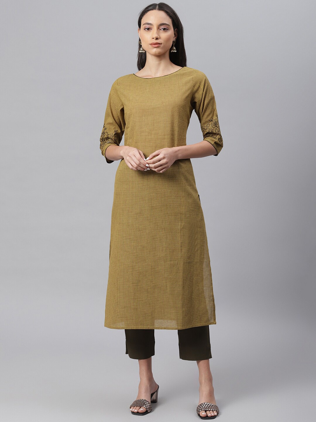 

Janasya Women Green Straight Pure Cotton Kurta with Trousers