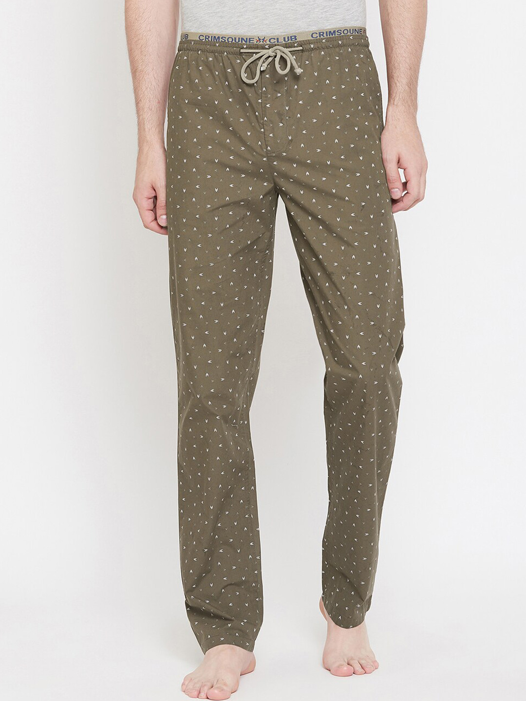 

Crimsoune Club Men Olive Green & White Printed Pure Cotton Lounge Pants