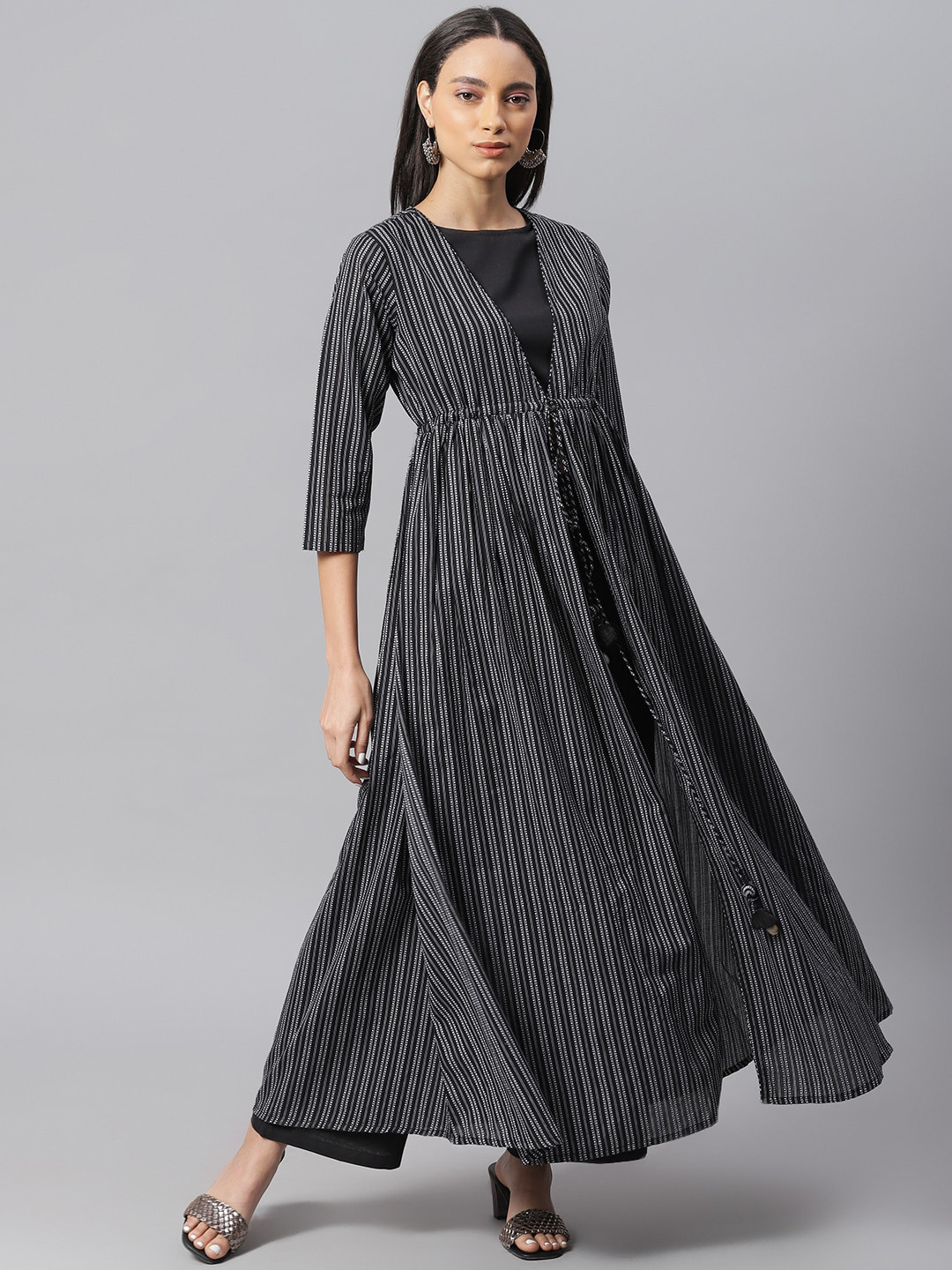 

Janasya Women Black Striped Jacket with Crop Top & Palazzo