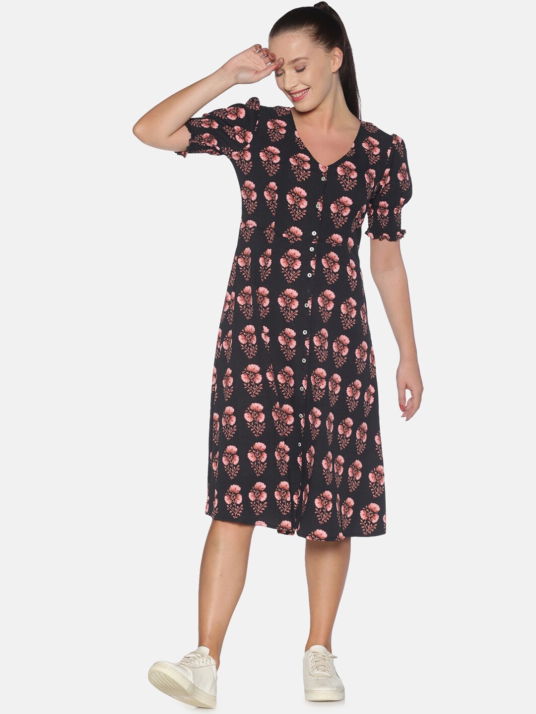 

Campus Sutra Black Floral Crepe A-Line Dress