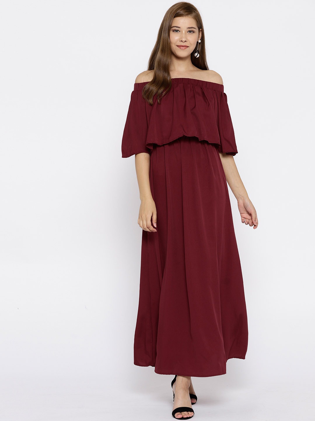 

Berrylush Maroon Off-Shoulder Crepe Maxi Dress