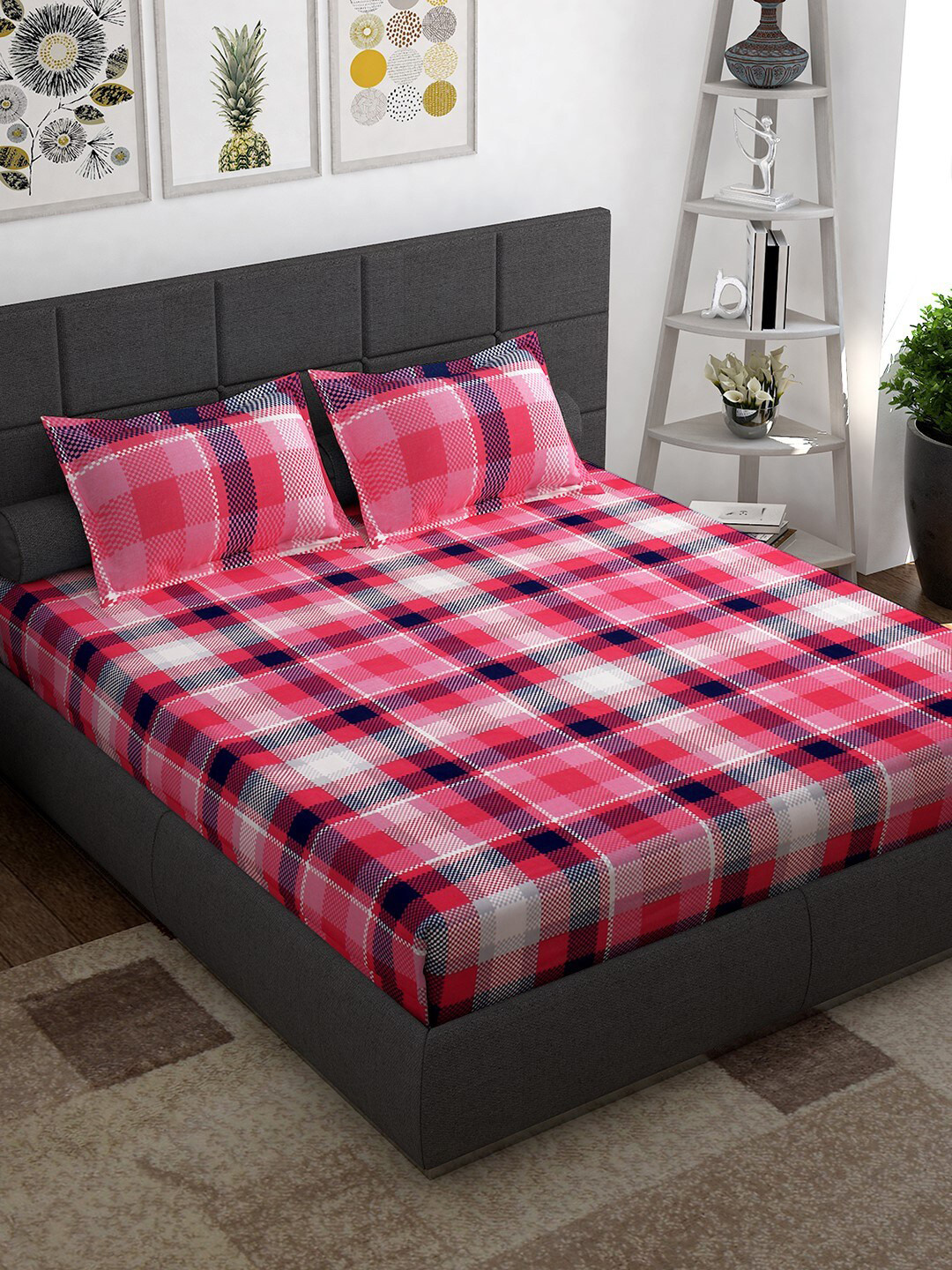 

Story@home Pink & White Checked Cotton 1 Queen Bedsheet with 2 Pillow Covers
