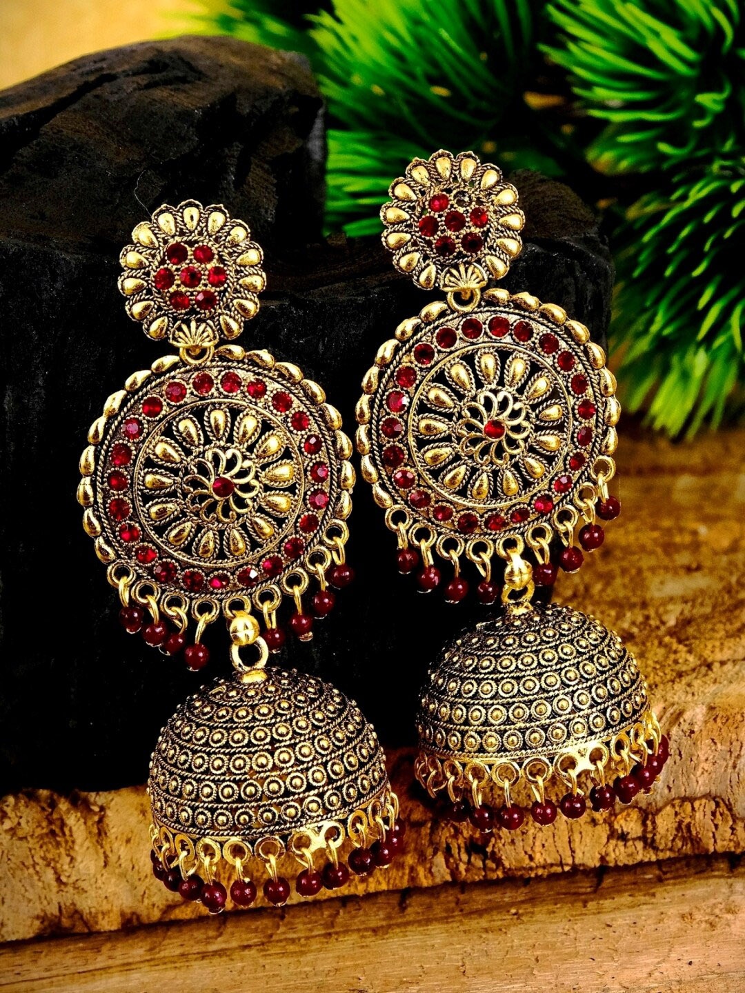

Crunchy Fashion Maroon Gold-Plated Dome Shaped Jhumkas