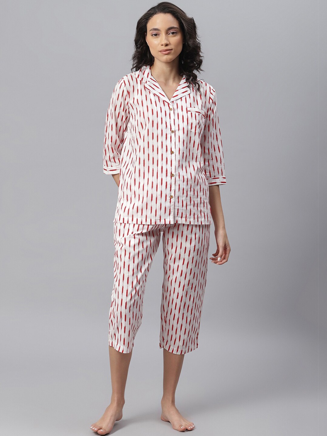 

Janasya Women White & Red Printed Night suit