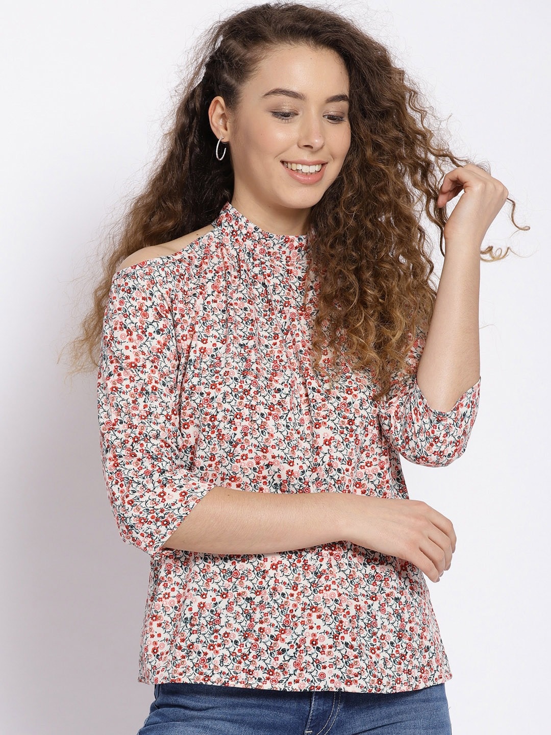 

Sera Off White & Orange Floral Crepe Regular Top
