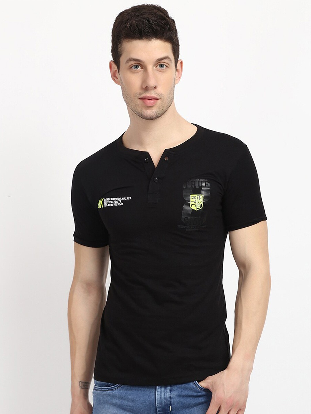 

V2 Value & Variety Men Black Typography Printed Henley Neck T-shirt