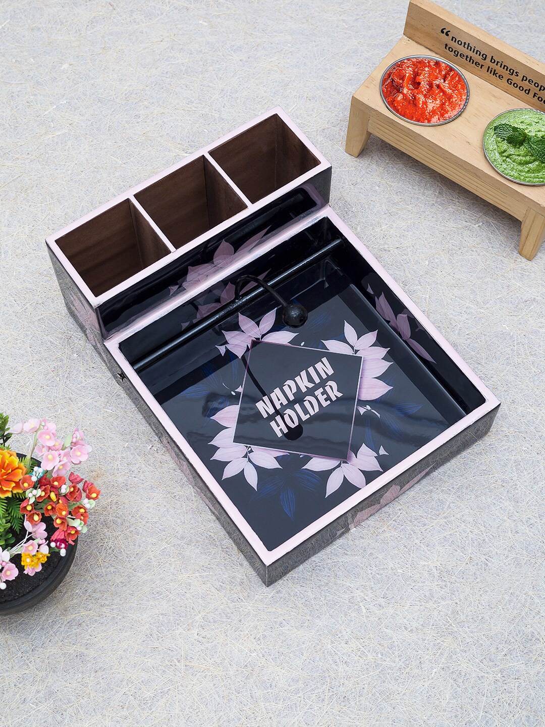 

Golden Peacock Black & Pink Printed Cutlery & Tissue Holder