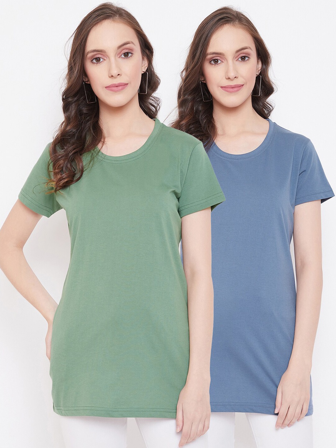 

Okane Women Pack of 2 Green & Blue Round Neck T-shirt