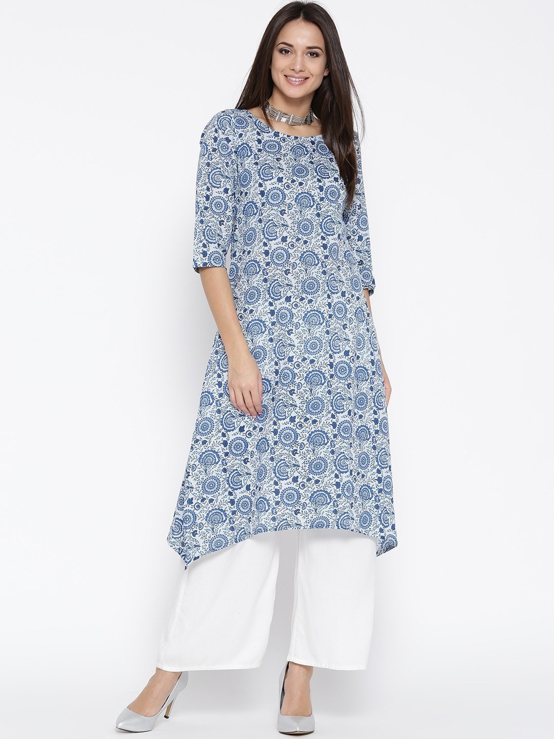 

Sera Women White & Navy Blue Ethnic Motifs Printed A-Line Cotton Kurta