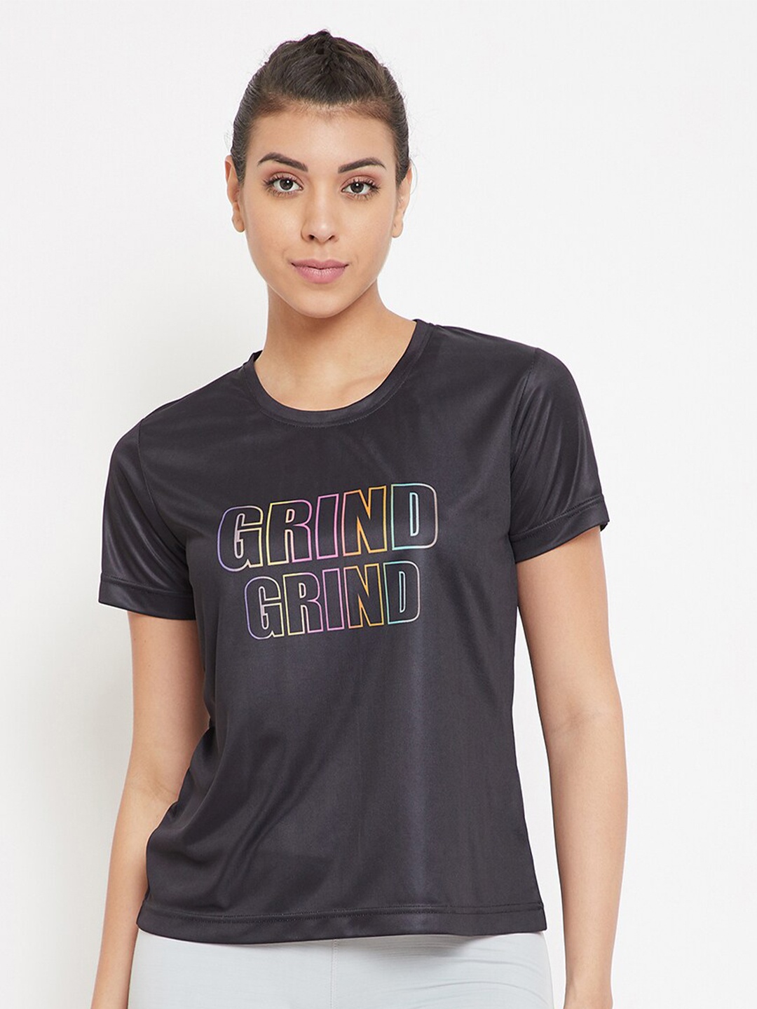 

Clovia Women Black Typography Printed Slim Fit T-shirt