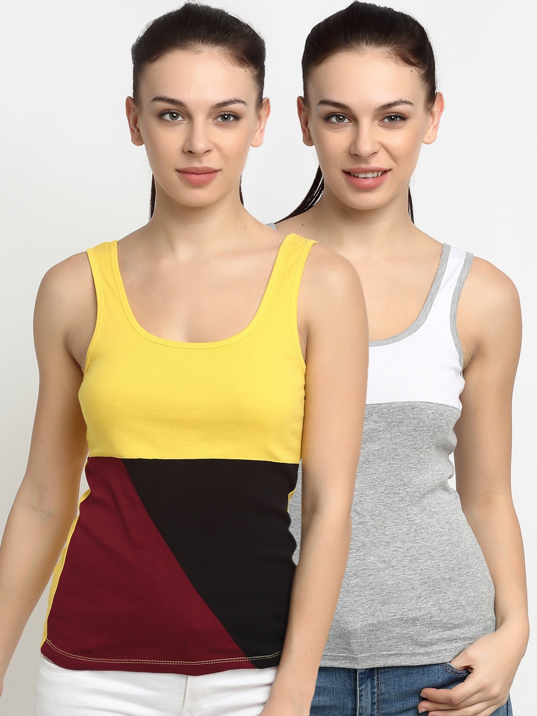 Friskers Women Pack of 2 Yellow & Grey Pure Cotton Tank Top