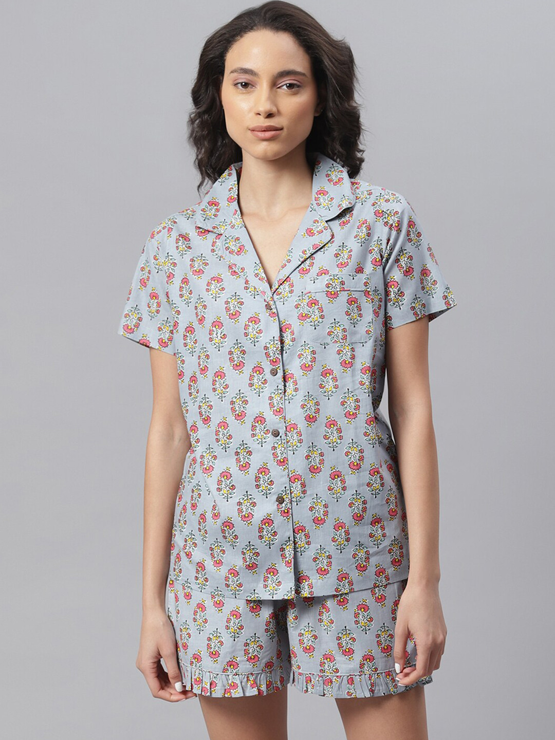 

Janasya Women Grey & Pink Printed Night suit