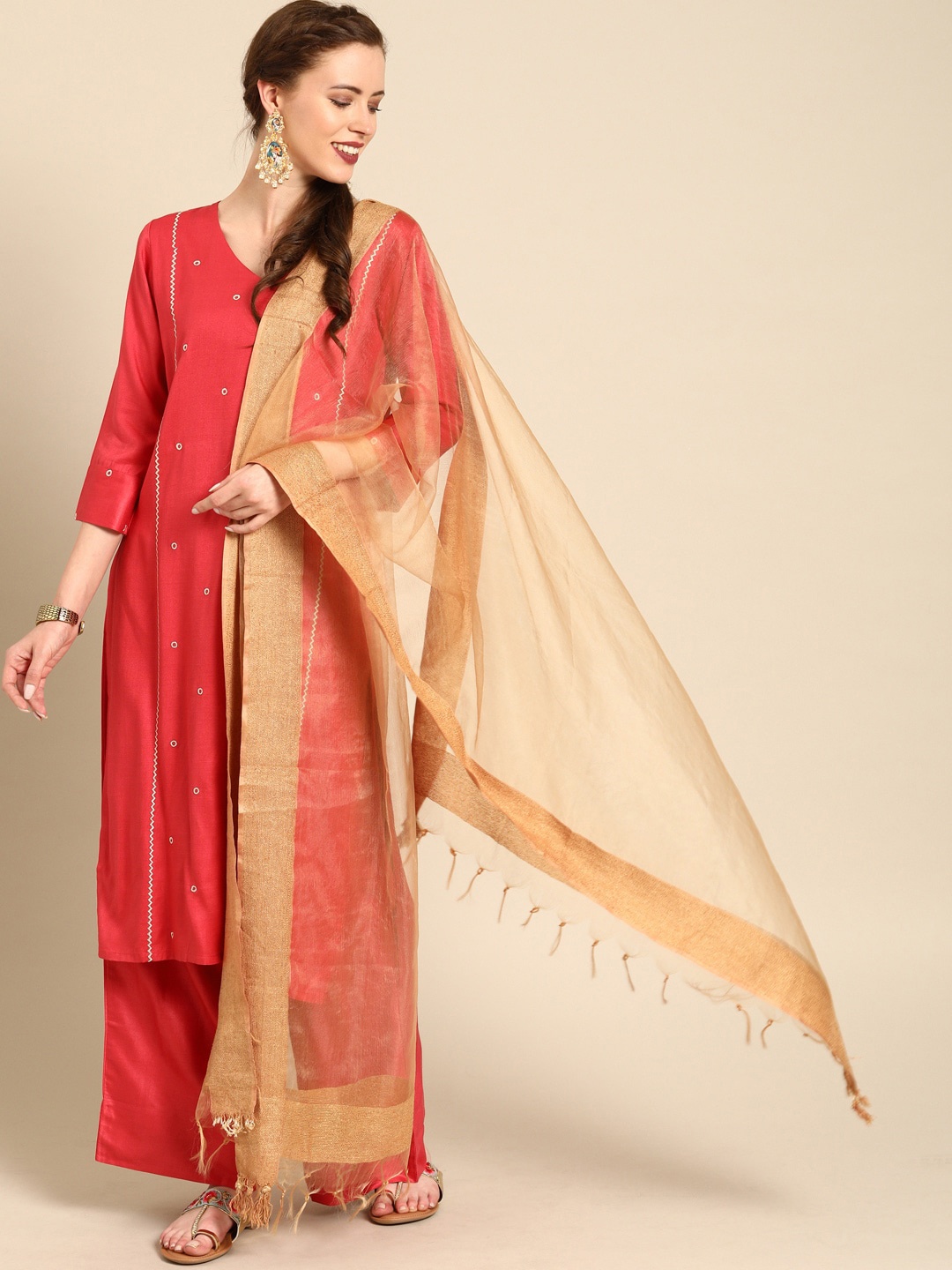 Varanga Women Coral Embroidered Kurta with Palazzos & Dupatta