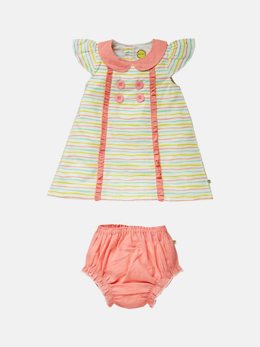 

Pranava Girls Orange & Green Striped Cotton A-Line Dress