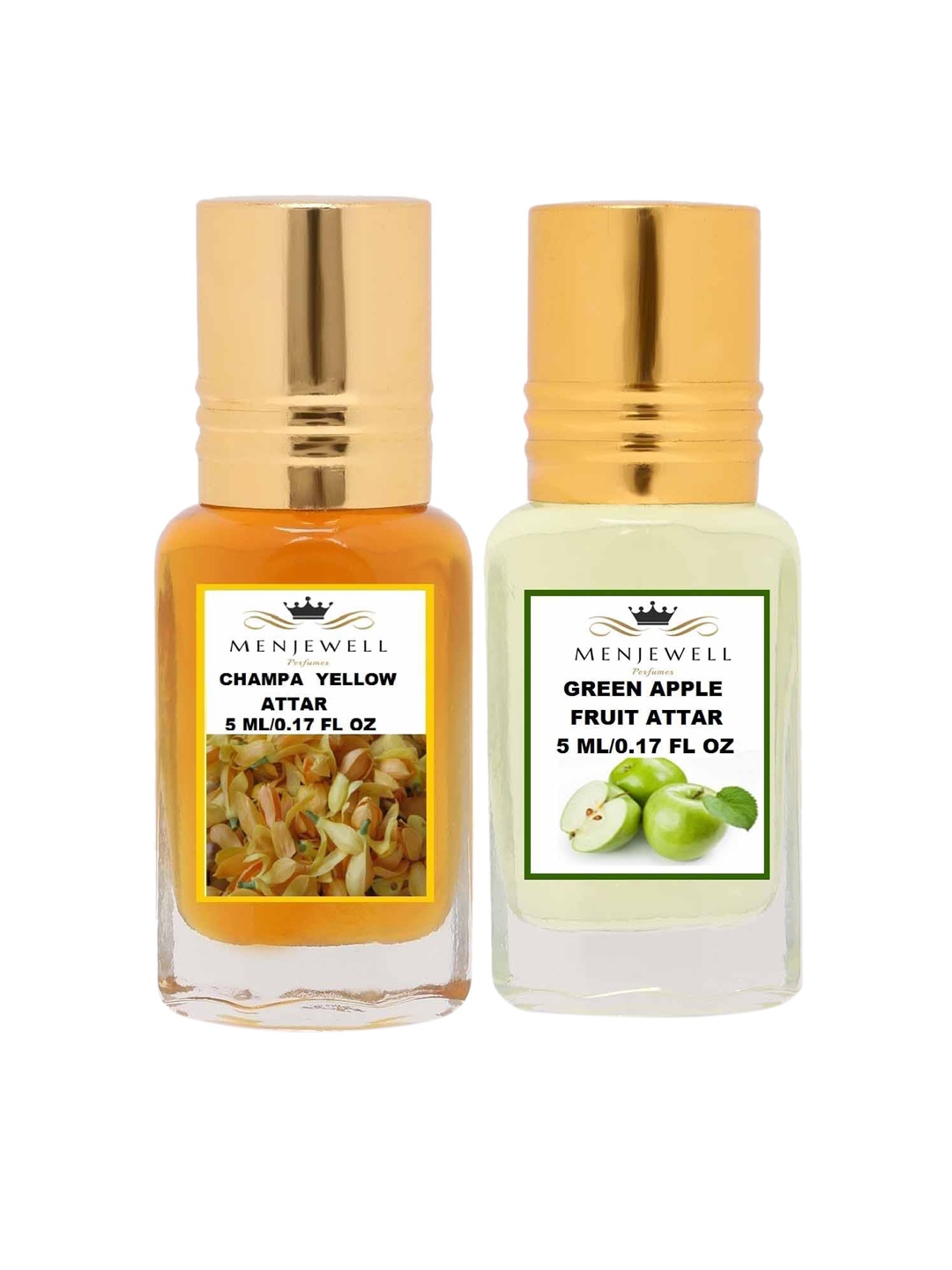 

Menjewell Pack of 2 Attar Champa Yellow And Green Apple 5ml, Gold