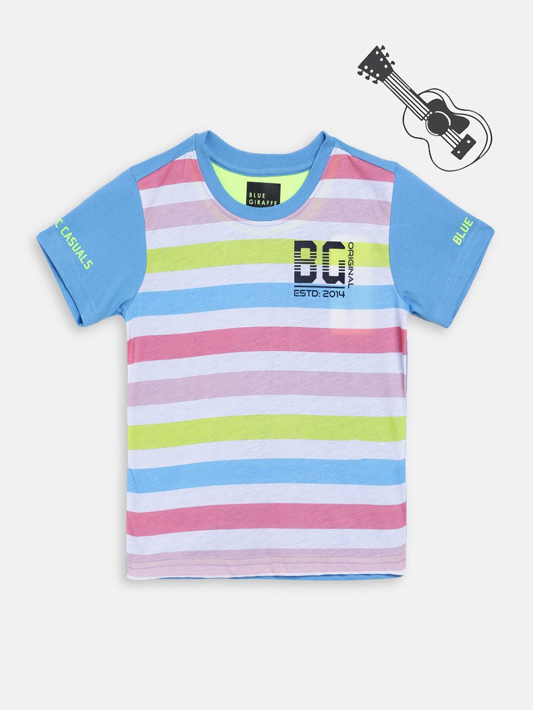 Blue Giraffe Boys Blue Striped Cotton T-shirt