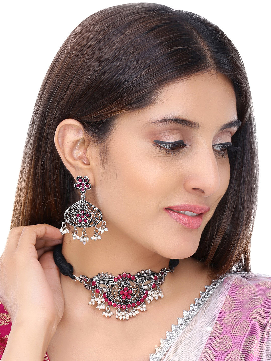 

Yellow Chimes Oxidized Silver-Plated Magenta Pink & White Stone-Studded Beaded Jewellery Set