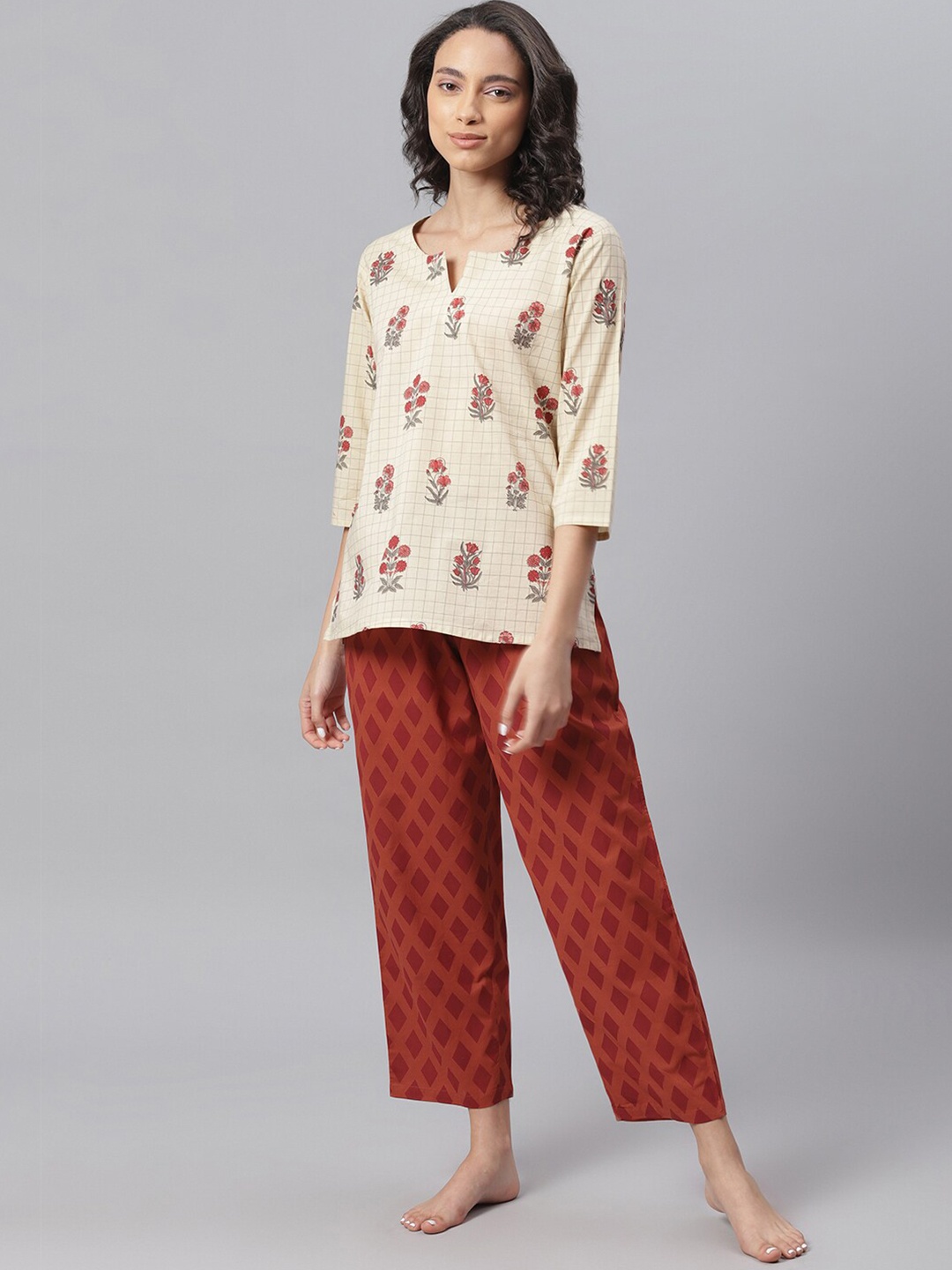 

Janasya Women Cream-Coloured & Brown Printed Night Suit