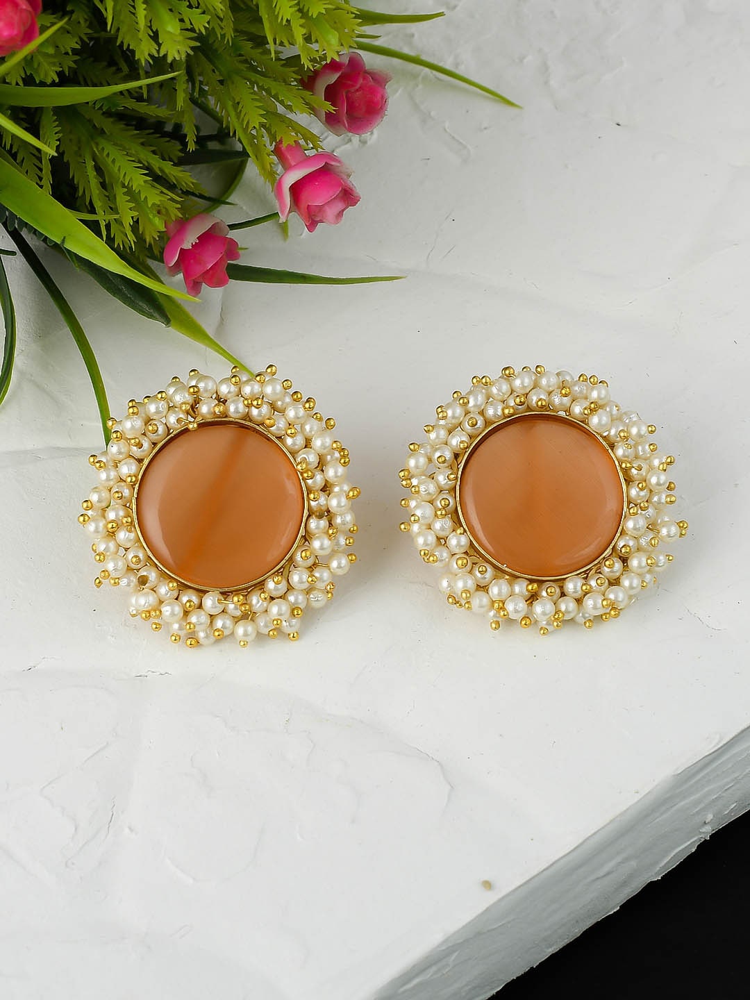 

Silvermerc Designs Gold-Plated Orange & White Circular Studs Earrings