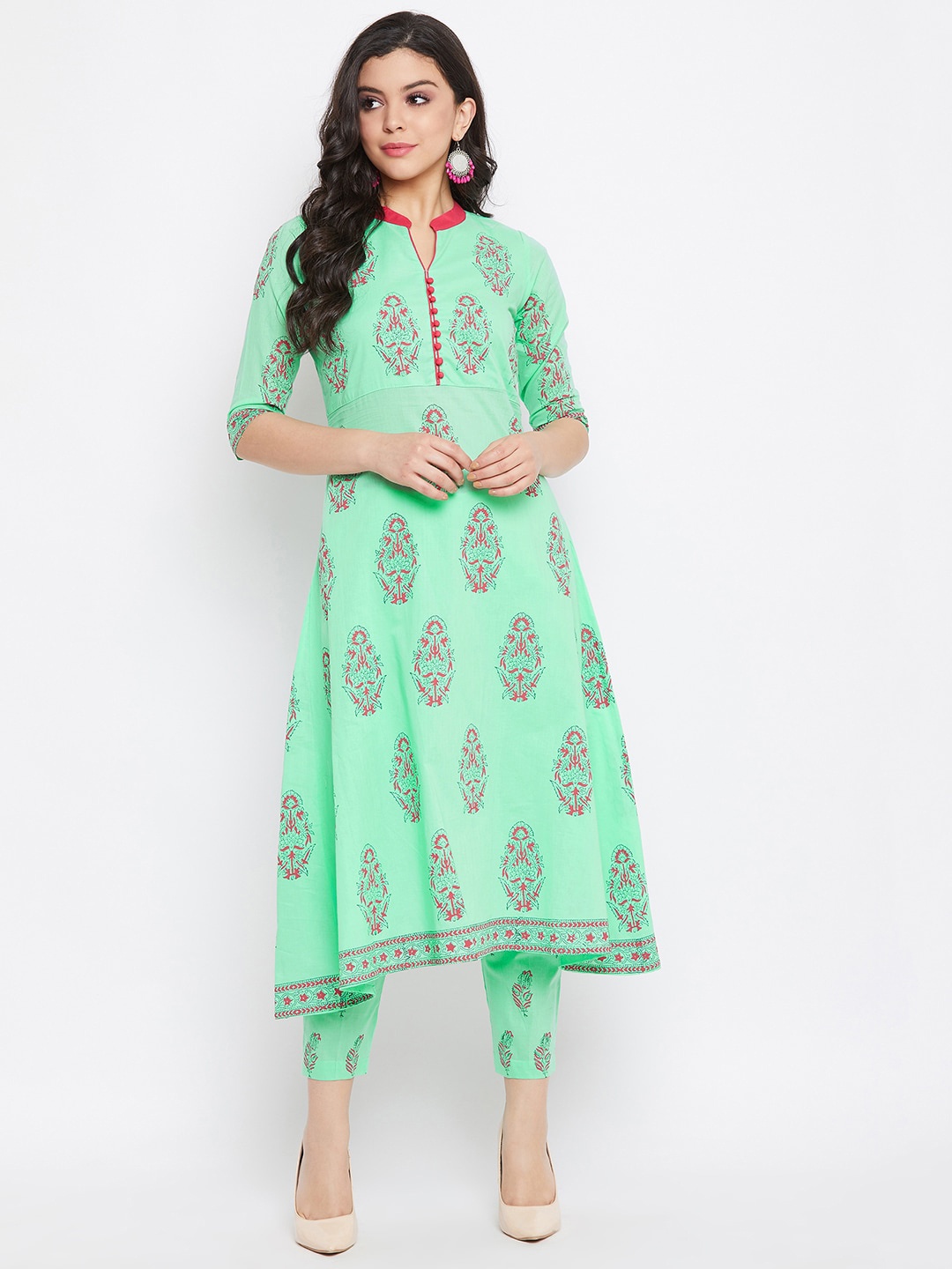 

WineRed Women Green Printed Kurta with Trousers