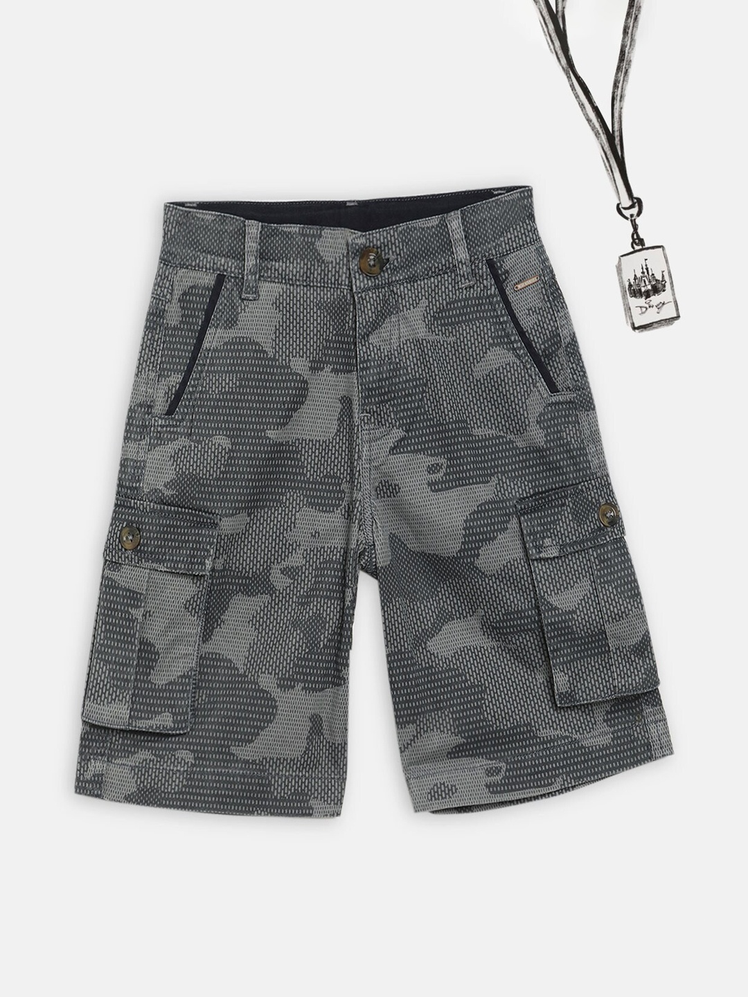 

Blue Giraffe Boys Grey Camouflage Printed Mid-Rise Cargo Shorts
