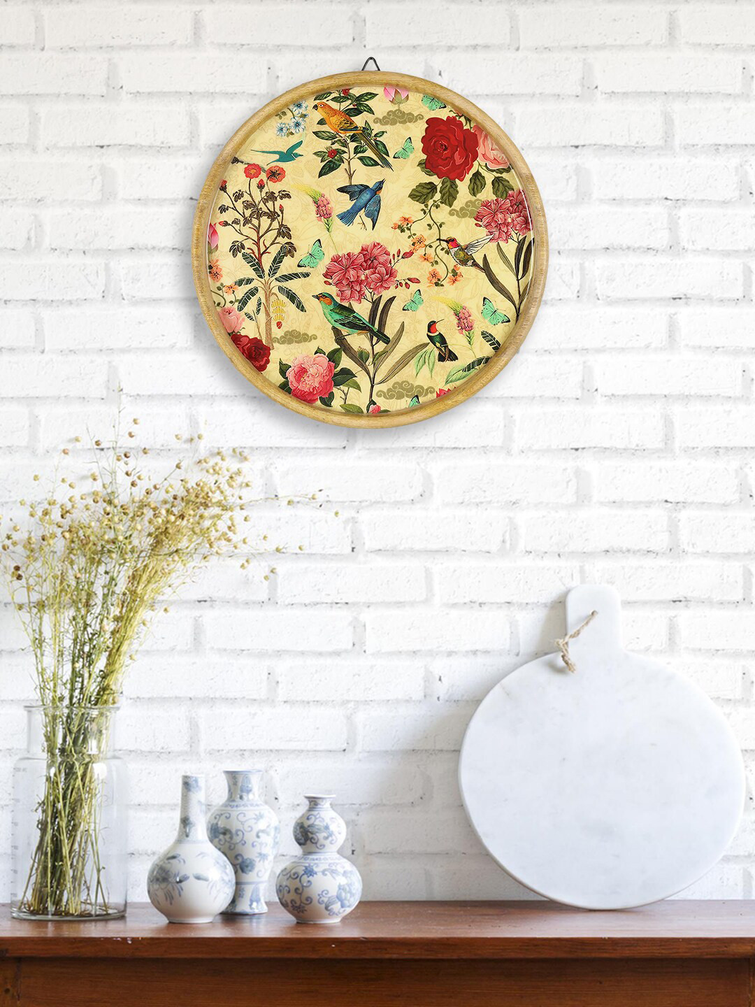 

India Circus by Krsnaa Mehta Beige & Green Printed Wooden Bird Land Wall Decor Plate