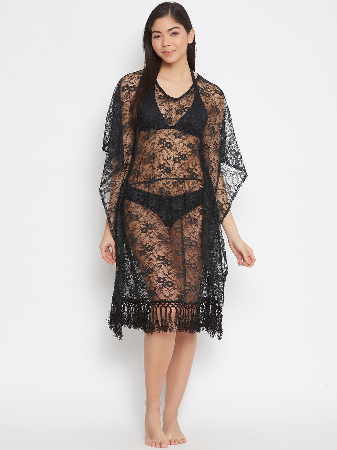 

Clovia Women Black Lace Sheer Swimwear Lace Cover Up Dress