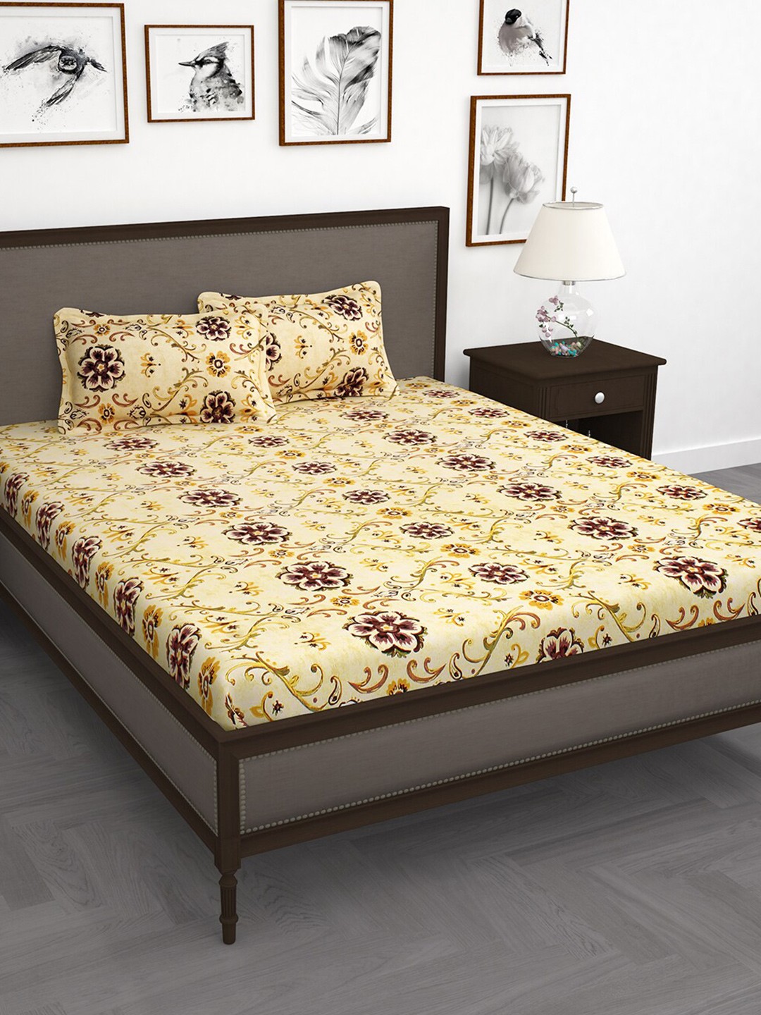 Story@home Cream-Coloured & Brown Ethnic Motifs 210 TC Cotton 1 King Bedsheet with 2 Pillow Covers