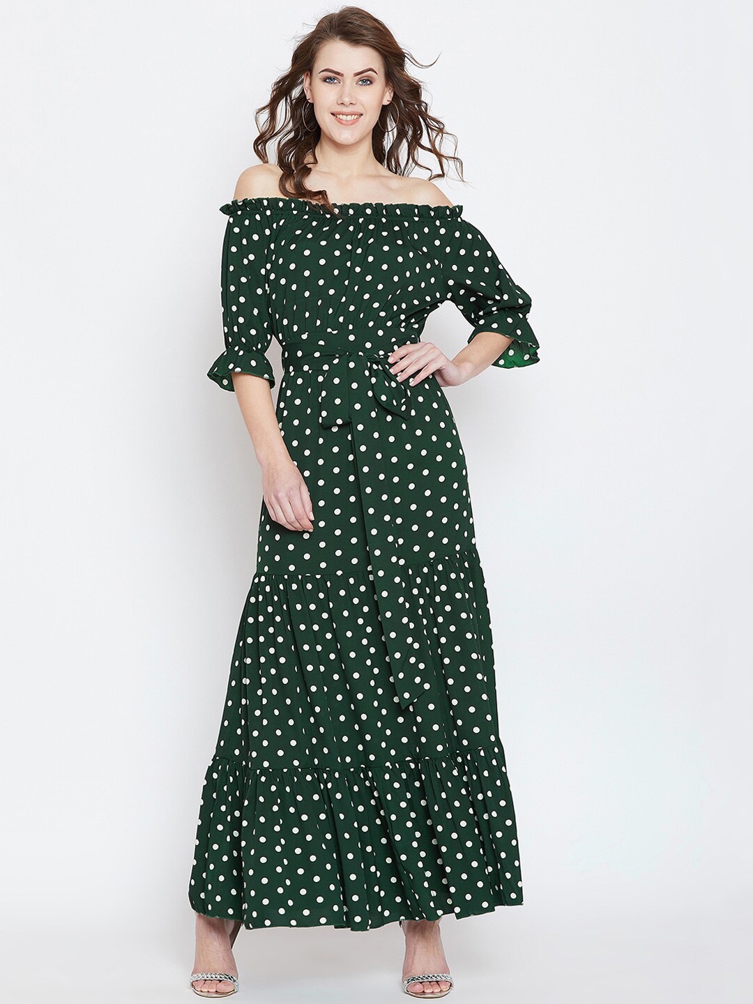 

Berrylush Green Off-Shoulder Crepe Maxi Dress