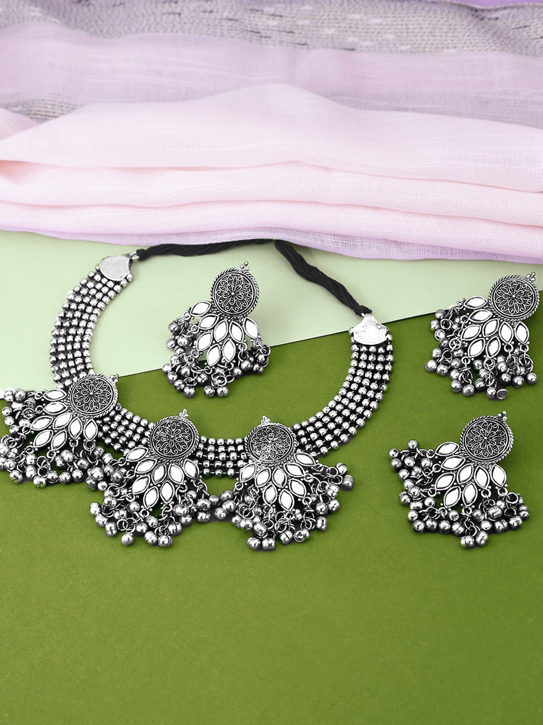 

Yellow Chimes Oxidized Silver-Plated Mirror Studded Handmade Choker Jewellery Set
