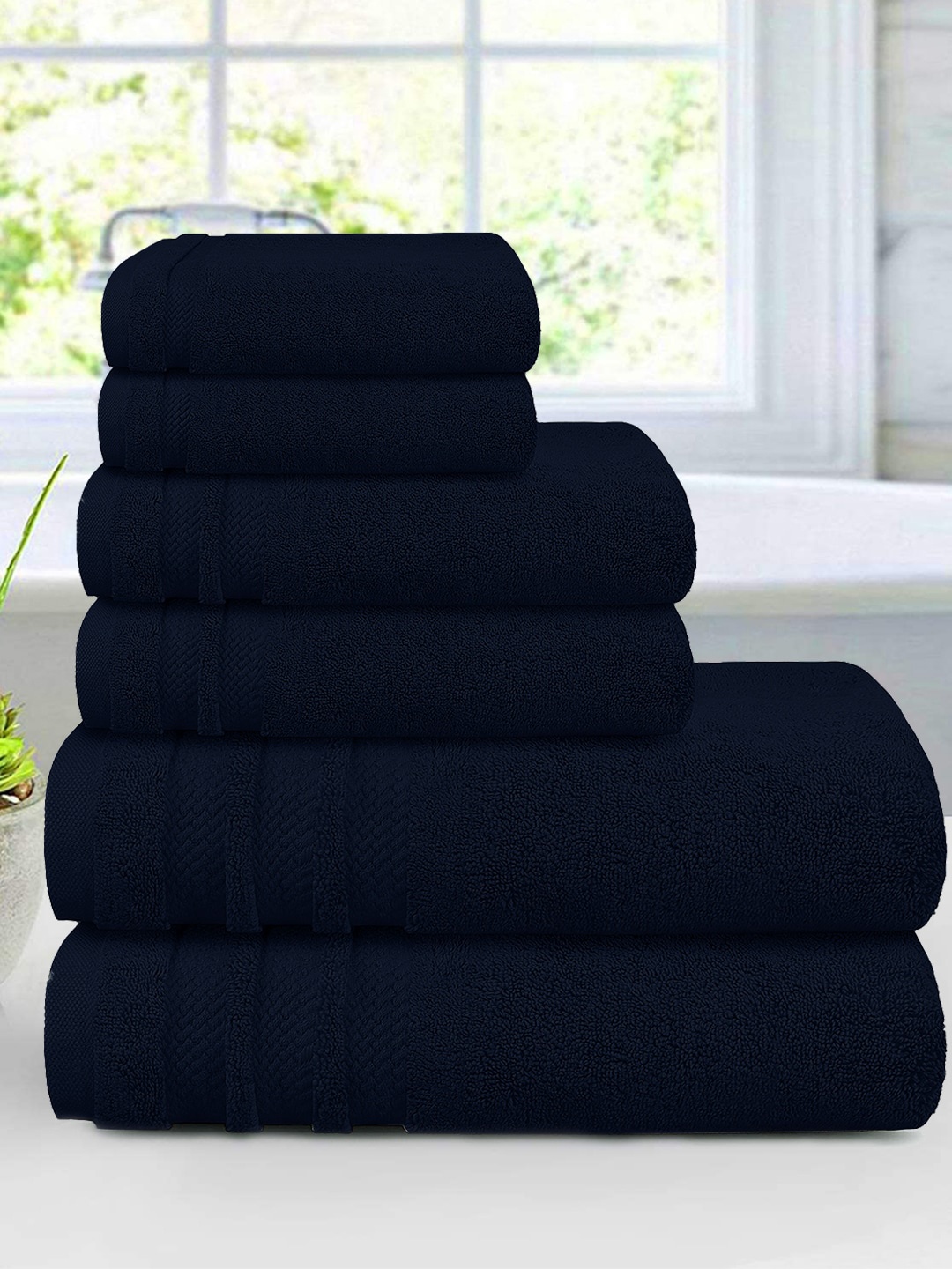 

MYTRIDENT Unisex Set Of 6 Navy Blue Solid 625 GSM 100% Cotton Towels