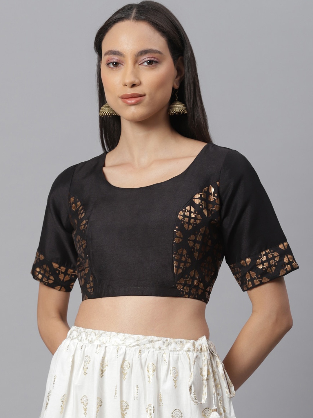 

Janasya Women Black & Rose Gold-Coloured Printed Poly Silk Stitched Saree Blouse