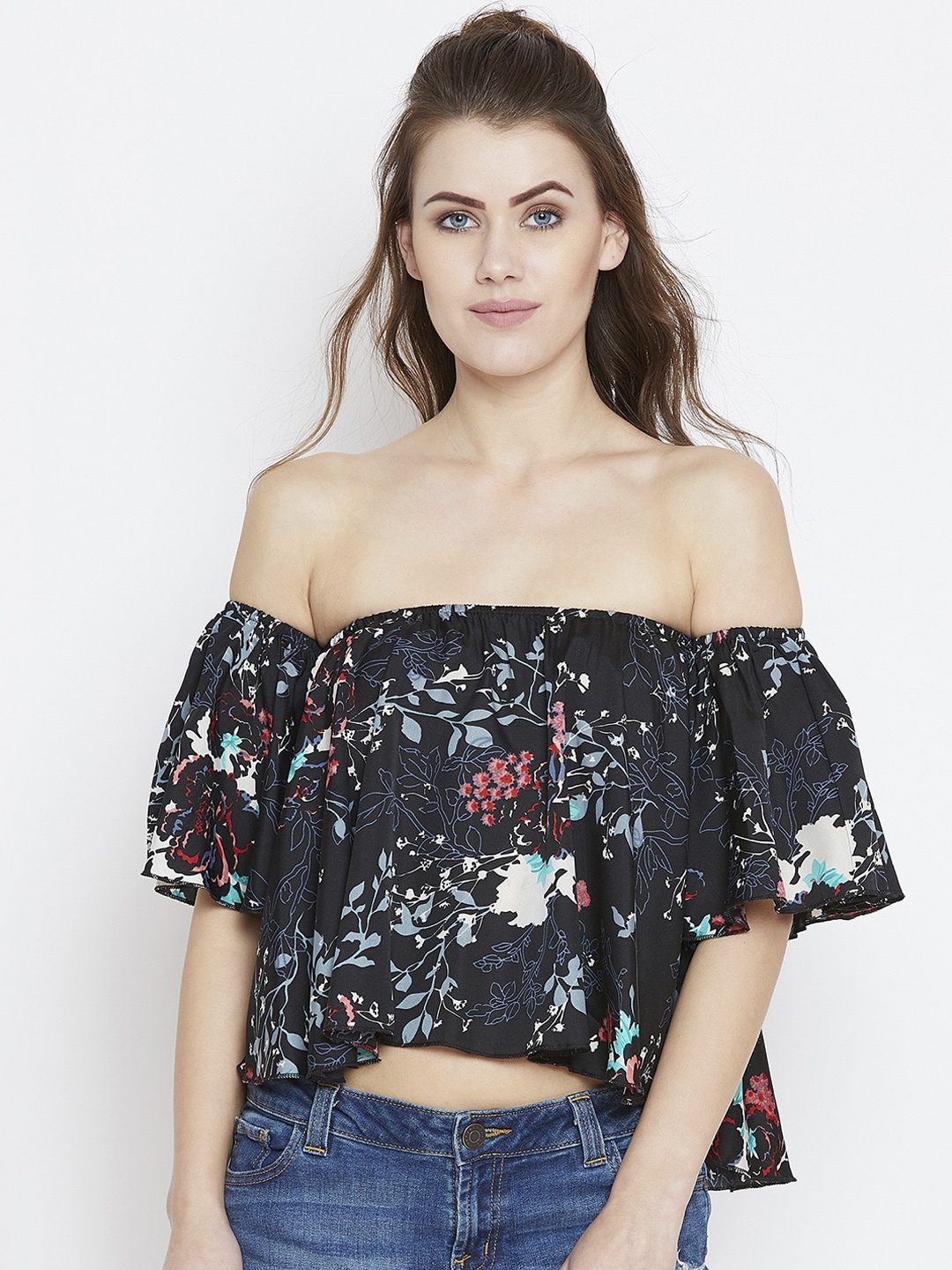 

Berrylush Black & Blue Floral Off-Shoulder Flared Sleeves Crepe Bardot Crop Top