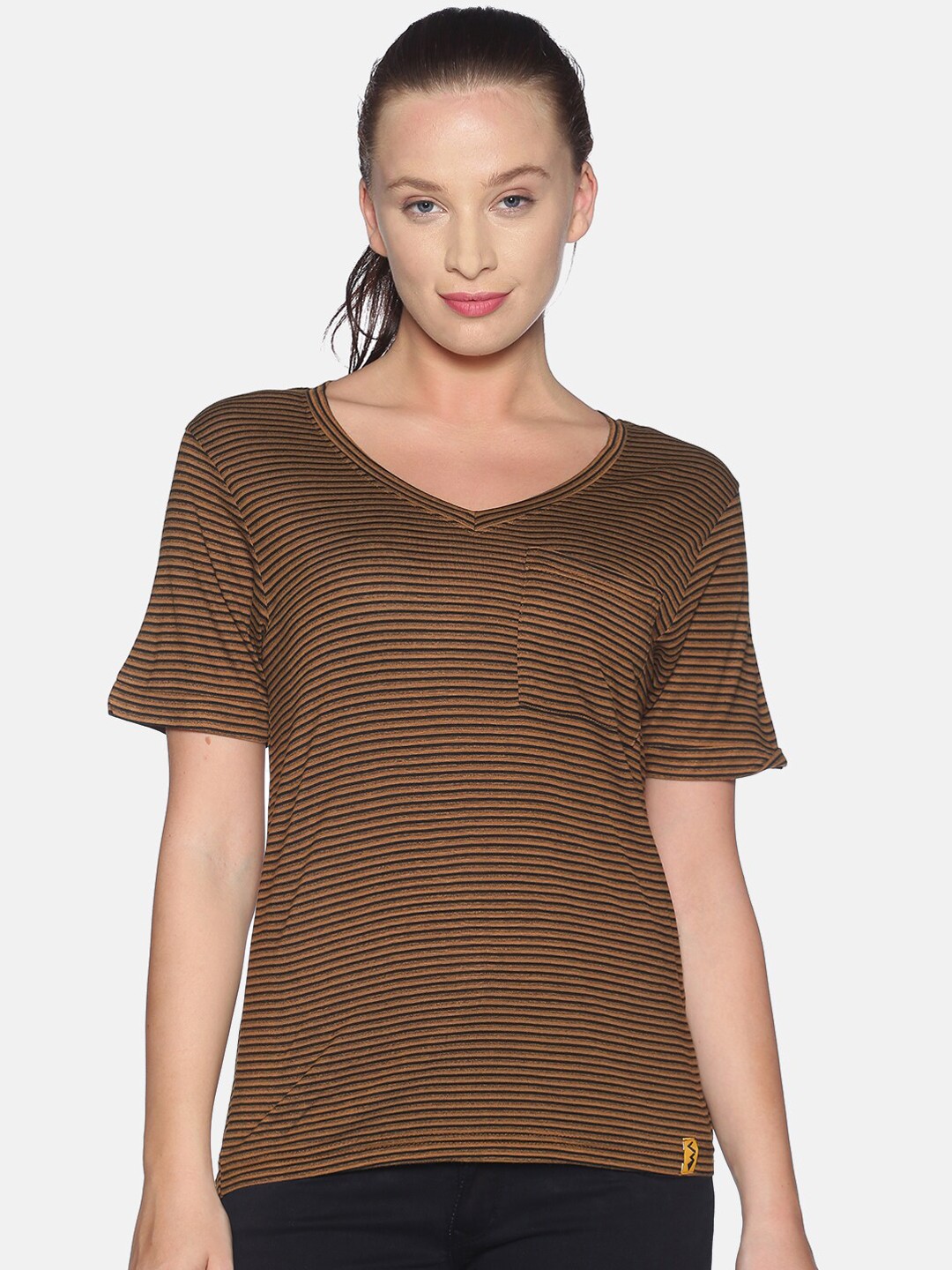 

Campus Sutra Brown & Black Striped Regular Top