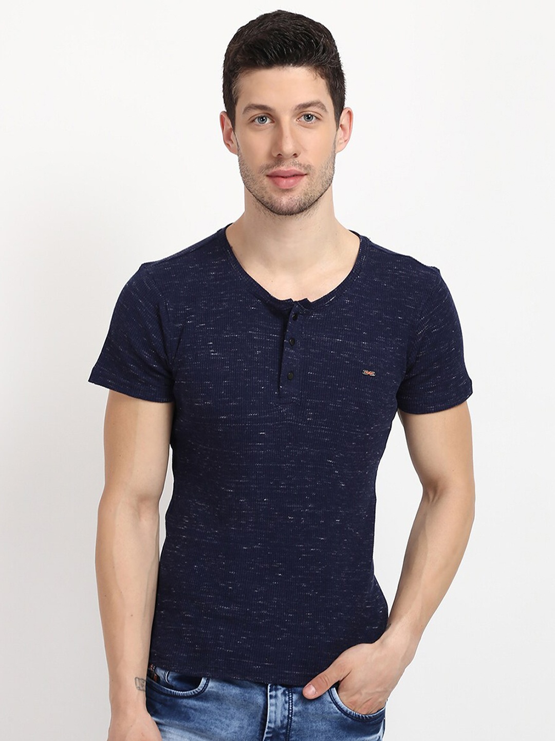 

V2 Value & Variety Men Navy Blue Henley Neck T-shirt