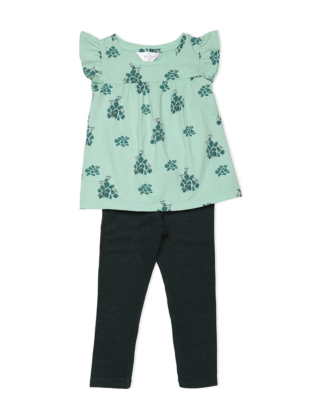 

Mystere Paris Girls Green & Black Printed Night suit