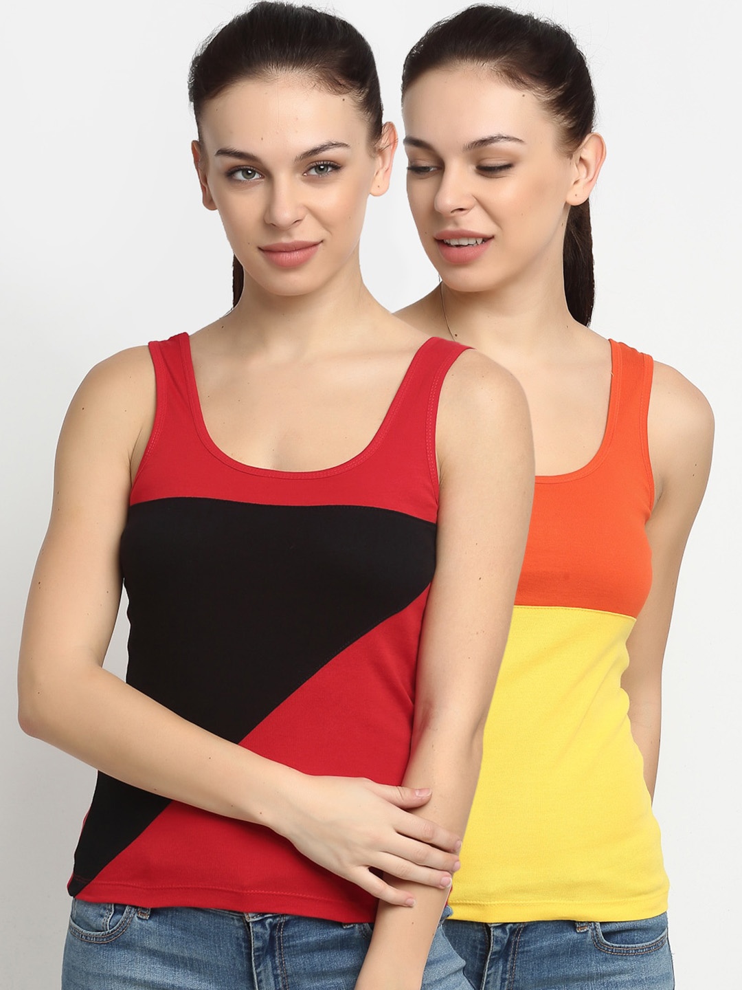 

Friskers Women Pack of 2 Multicoloured Colourblocked Tank Top, Multi