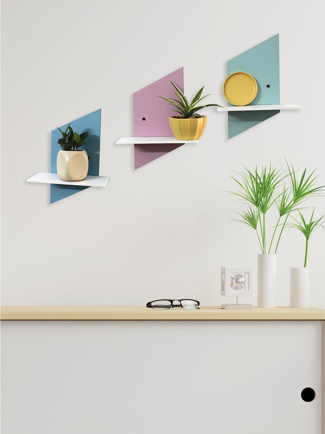 RANDOM Set of 3 Blue & Pink MDF Basic Modular Wall Shelf
